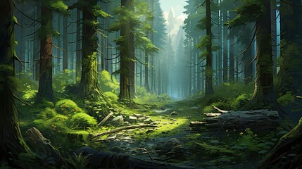  a painting of a forest scene with trees and a path.  generative ai