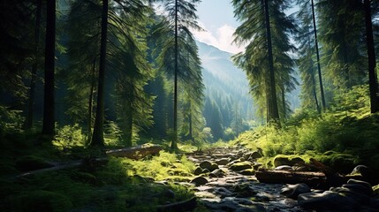Obraz premium a stream running through a lush green forest filled with trees. generative ai