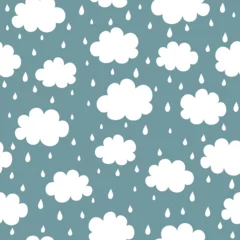 Foto auf Acrylglas Seamless pattern with clouds and rain drops. Cute background for kids. Vector illustration. It can be used for wallpapers, wrapping, cards, patterns for clothes and other. © Evalinda