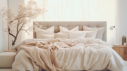  a bed with a white comforter and pillows on it.  generative ai