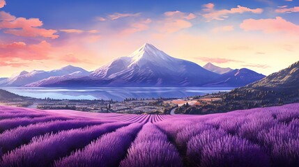  a painting of a lavender field with a mountain in the background.  generative ai