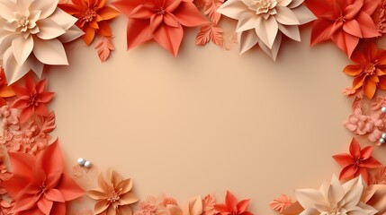 a floral background with paper flowers and pearls on a beige background.  generative ai