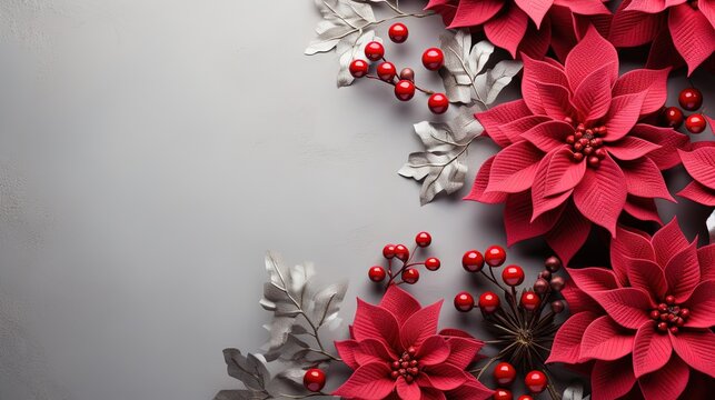  a bunch of red and silver poinsettias on a gray background.  generative ai