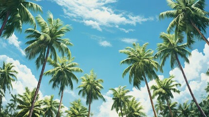Obraz premium a painting of palm trees against a blue sky with clouds. generative ai