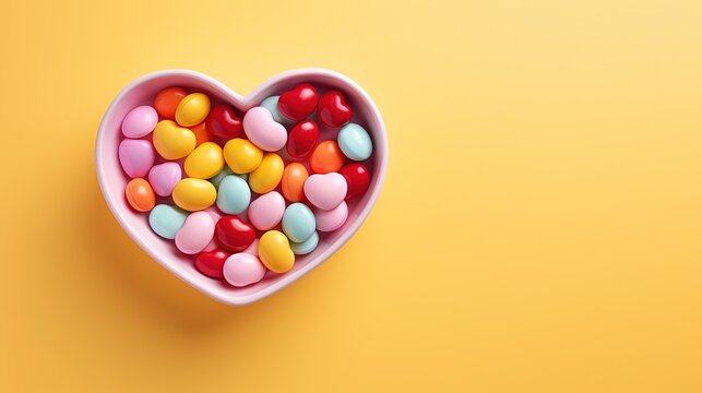  a heart shaped bowl filled with candy hearts on a yellow background.  generative ai