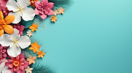  a blue background with white and orange flowers and palm leaves.  generative ai