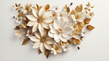  a white and gold flower arrangement on a white background with gold leaves.  generative ai