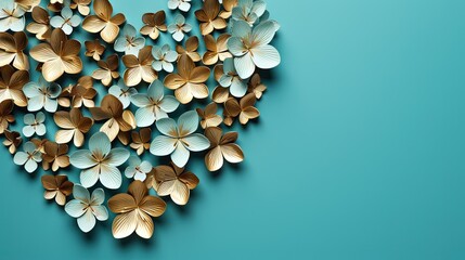 a heart shaped arrangement of gold and white flowers on a blue background.  generative ai