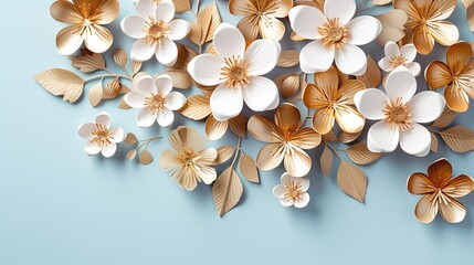  a bunch of paper flowers on a blue background with gold leaves.  generative ai