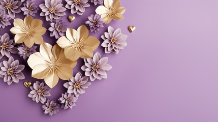  a bunch of flowers that are on a purple surface with a heart shape.  generative ai