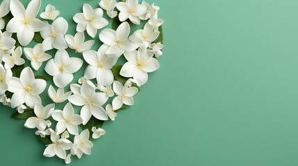  a heart shaped arrangement of white flowers on a green background.  generative ai