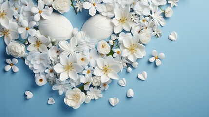  a bunch of white flowers and eggs on a blue background.  generative ai