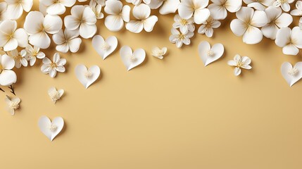  a bunch of white flowers and hearts on a yellow background.  generative ai