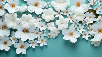  a bunch of white flowers on a blue background with a gold center.  generative ai