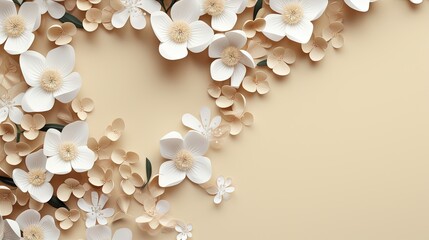  a bunch of white flowers on a beige background with a place for text.  generative ai