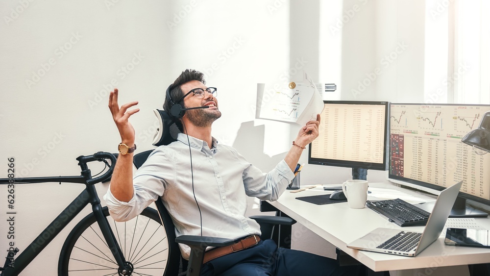 Poster great happy and successful bearded trader in headset holding financial report, talking with client a
