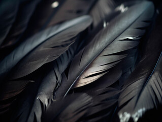Black feathers close-up, pattern. Generative AI