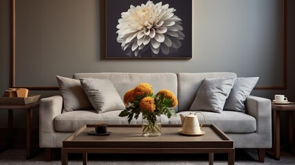  a living room with a couch, coffee table and a flower arrangement.  generative ai