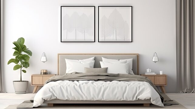  a bedroom with a bed and two paintings on the wall.  generative ai