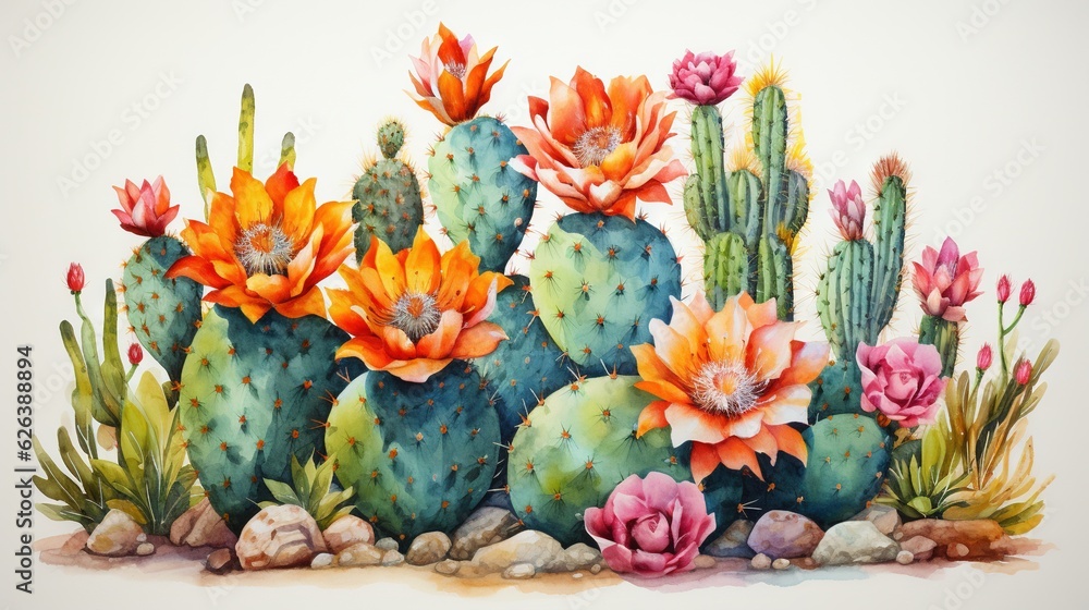 Wall mural a painting of a cactus with many flowers and rocks in the foreground. generative ai