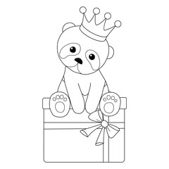 Coloring. The contour of a cute panda with a crown on his head sits on a gift on a white background. Vector illustration. Beautiful black and white animal.