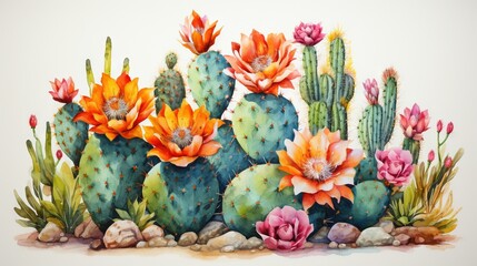  a painting of a cactus with many flowers and rocks in the foreground.  generative ai