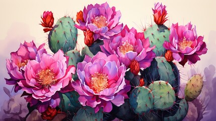  a painting of a bunch of pink flowers on a cactus.  generative ai
