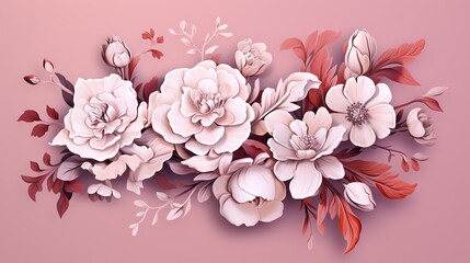  a bunch of flowers that are on a pink background with leaves.  generative ai