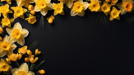  a bunch of yellow flowers on a black background with space for text.  generative ai