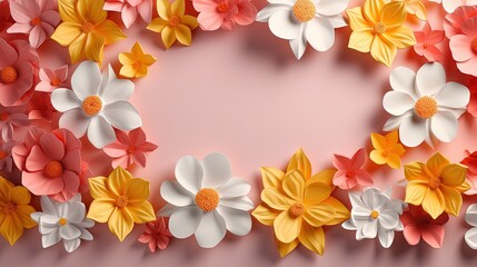  a pink background with white, yellow and pink flowers on it.  generative ai
