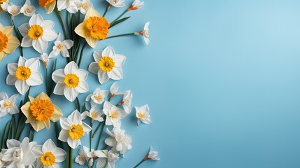  a bunch of white and yellow flowers on a blue background.  generative ai