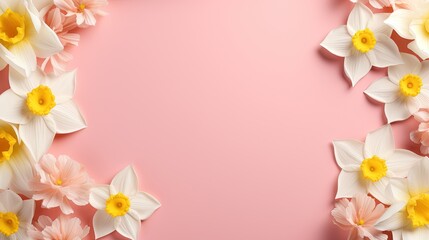  a pink background with white and yellow daffodils.  generative ai