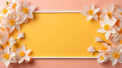  a picture frame with flowers on a pink and yellow background.  generative ai