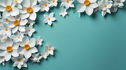  a bunch of white flowers on a blue background with a place for text.  generative ai
