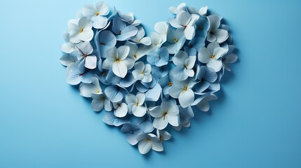  a heart shaped arrangement of blue and white flowers on a blue background.  generative ai