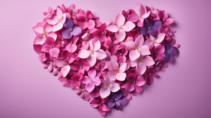  a heart shaped arrangement of pink and purple flowers on a purple background.  generative ai