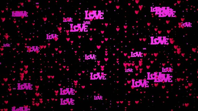 Love background with lots of red hearts flying and text love. Valentine's Day or wedding concept. 4K video animation 3d render