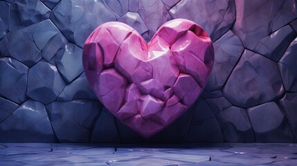  a pink heart shaped object sitting on top of a stone wall.  generative ai