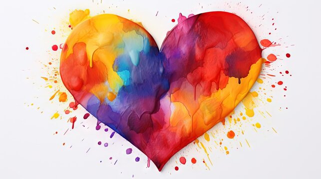  a colorful heart shaped painting on a white background with paint splatters.  generative ai