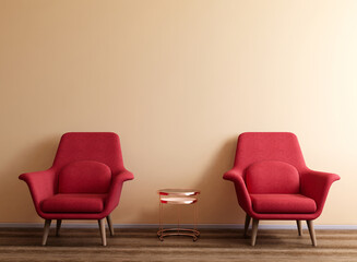 Livingroom mockup with two red chairs and table, interior room mockup