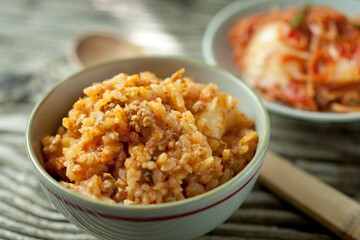 Savory Fusion: Close-Up of Kimchi Fried Rice, a Delectable Blend of Flavors, Captured in 4K Resolution