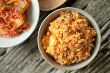 Savory Fusion: Close-Up of Kimchi Fried Rice, a Delectable Blend of Flavors, Captured in 4K Resolution