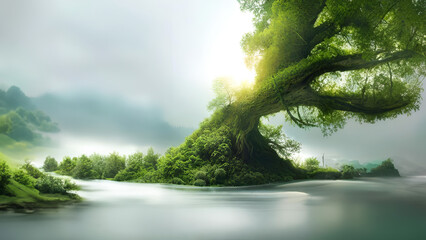 Capture the enchanting beauty of nature with our stock photograph featuring a solitary green tree standing tall in the midst of a river, illuminated by the radiant sun shining through misty clouds. 