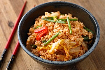 Savory Fusion: Close-Up of Kimchi Fried Rice, a Delectable Blend of Flavors, Captured in 4K Resolution