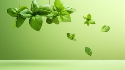  a group of green leaves floating in the air on a green background.  generative ai