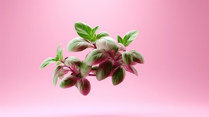  a plant with green leaves is on a pink background with a light reflection.  generative ai