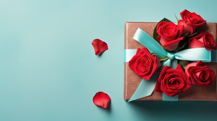  a gift box with a blue ribbon and a bunch of red roses.  generative ai