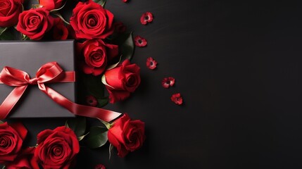  a gray box with a red ribbon and a bunch of red roses.  generative ai