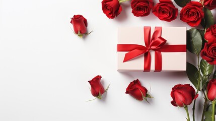  a white box with a red ribbon and a bunch of red roses.  generative ai