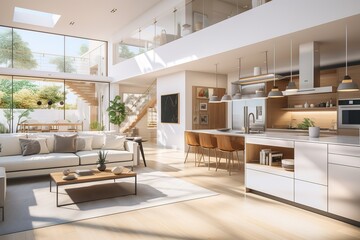 Fototapeta premium Scandinavian minimalism living room interior in new luxury home with open concept floor plan. Shows kitchen, dining room, and wall of windows with amazing exterior, Generative AI